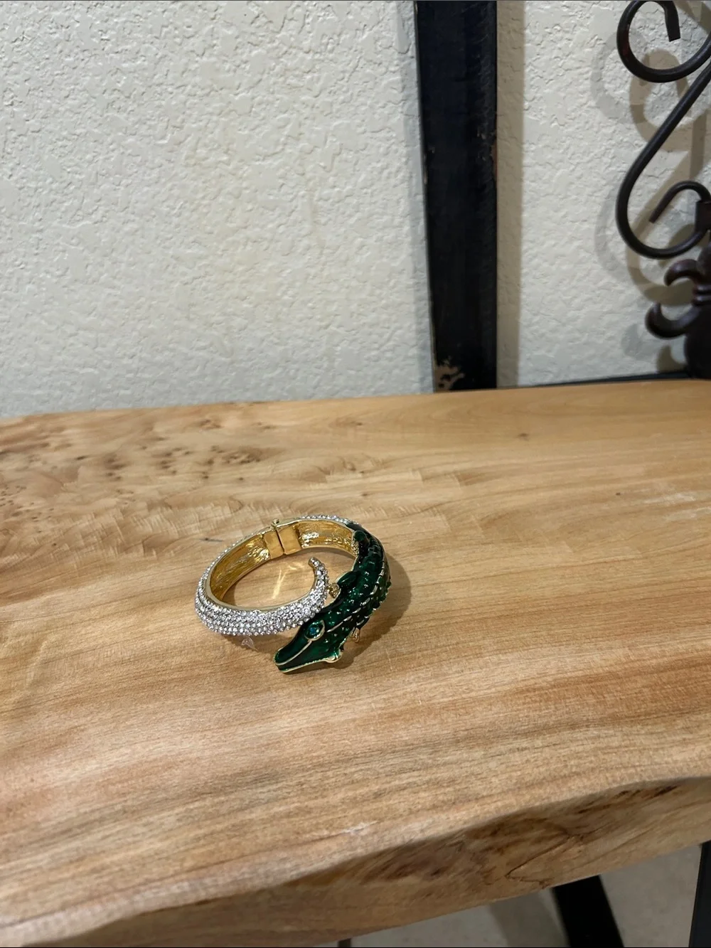 Gold-Tone Green Crystal Alligator Hinged Bangle Bracelet